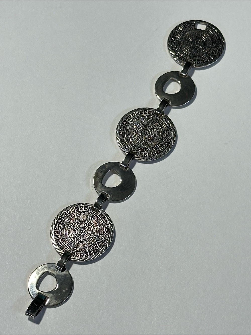 Plated Faux Silver Mexican Circular Link Bracelet Mayan Calendar Boho Souvenir